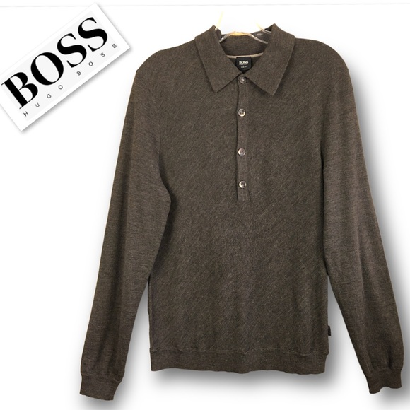 Hugo Boss Slim Fit Virgin Wool Bias Knit 1/3 Buttons Long Sleeve Polo Shirt Sz L - Picture 2 of 14